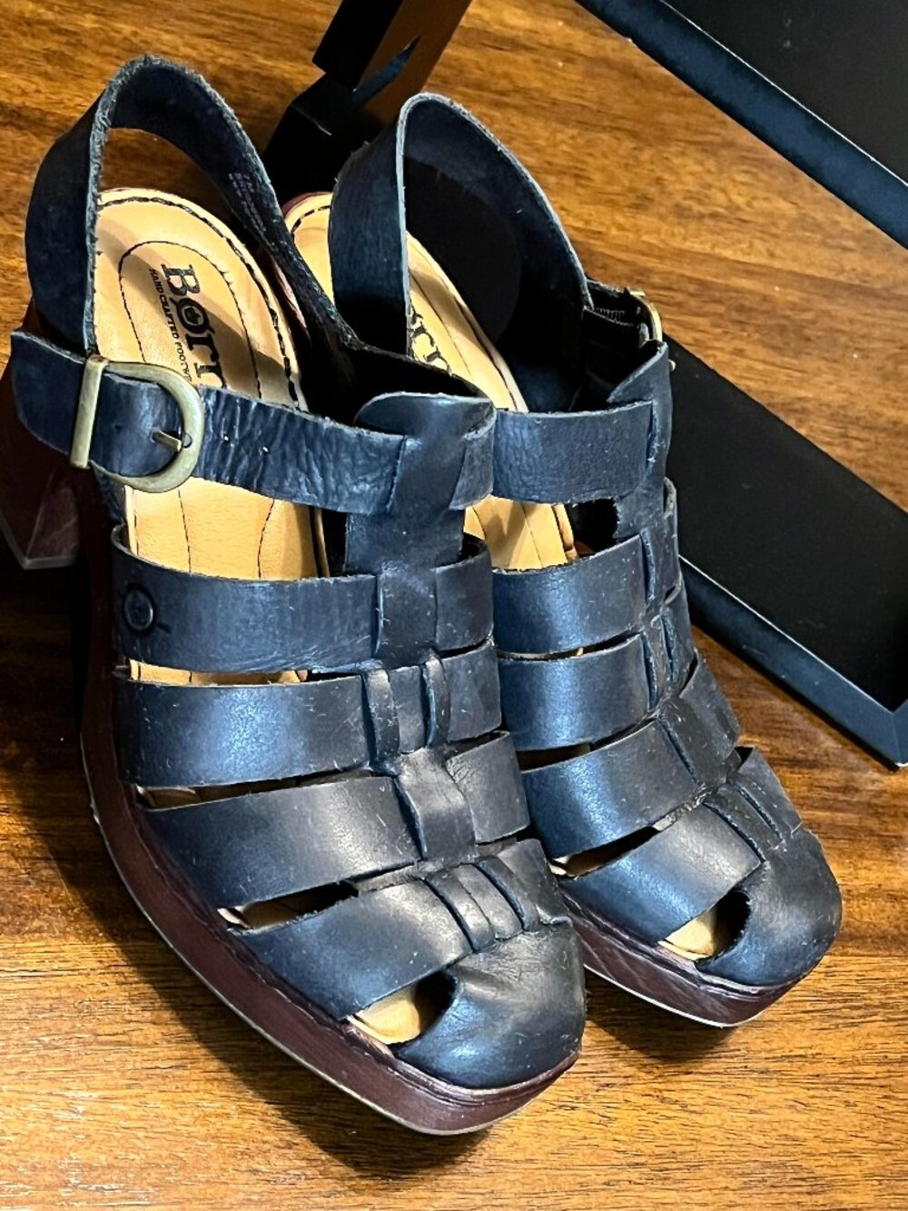 Black Leather Born Hartley Sandals Caged Design 3" Chunky Block Heel Size 7M